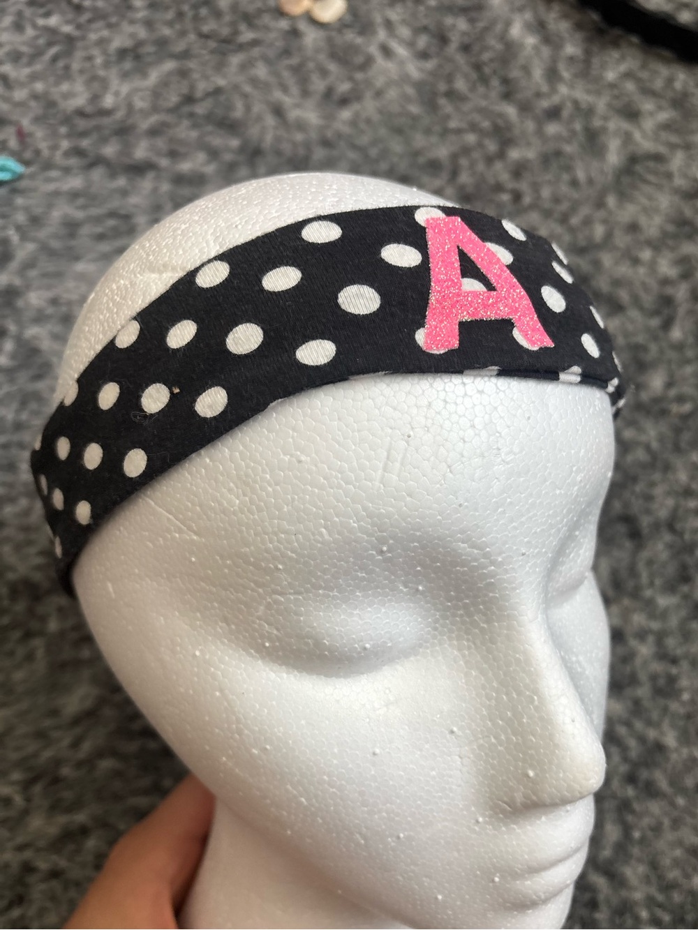 Girls Black Polka Dot Headband with Pink 'A' Accent